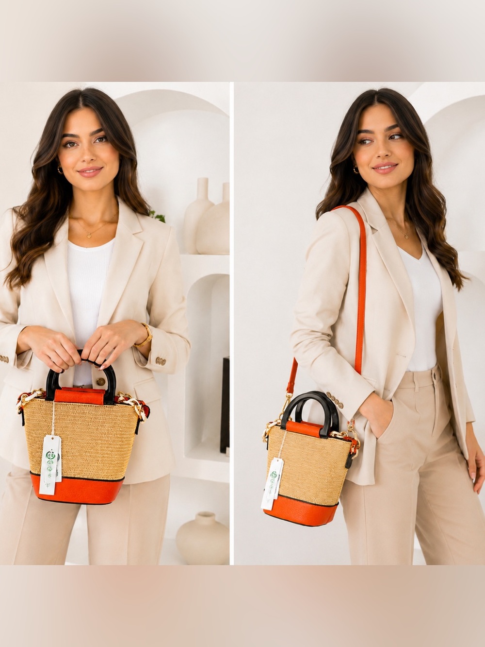 NWT Straw Tote Handbag Orange Vegan Leather Crossbody 3-Piece Set - Picture 2 of 12